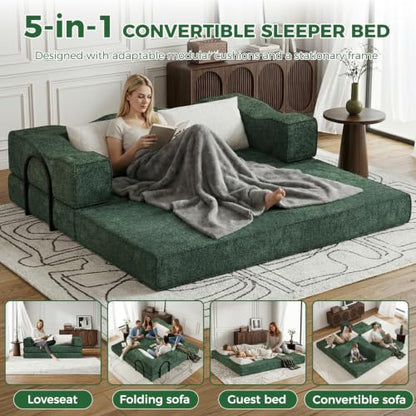 80" King Size Convertible Folding Sofa Bed, Loveseat for Small Spaces | Futon Couch with Memory Foam & 2 Pillows, Chenille Fabric, Apartment, Sleeper Sofa for Living Room, Studio (Green, 80in)