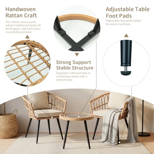 3-Piece Patio Dining Set, Featuring a Round PE Rattan Table and 2 Chairs, Suitable for Bedrooms, Porches and Gardens All-Weather Furniture Set Includes Tempered Glass, Thick Cushions - size: 3 Pieces