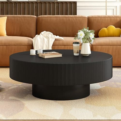 31.5" Round Wood Coffee Table with 6.8 Thick Top, Mid Century Modern Fluted Circle Circular Center Table for Living Room, Apartment, Small Space Home Office, Dark Black - color: Dark Black, size: 31.5"D x 31.5"W x 13.78"H