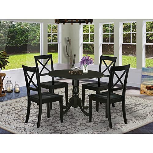 East West Furniture DLBO5-BLK-W 5 Piece Dinette Set for 4 Includes a Round Dining Room Table with Dropleaf and 4 Kitchen Dining Chairs, 42x42 Inch, Black - color: Dlbo5-blk-w, size: Table + 4 Chairs