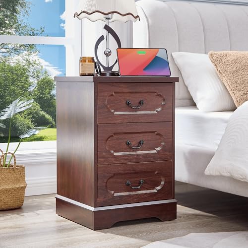 3 Drawer Dresser for Bedroom Cherry Bedroom Dresser with Charging Station | Farmhouse Wood Chest of Drawers, Rustic Small Drawers Dressers Nightstand Wooden Closet Storage Cabinet, Living Room - color: Cherry, size: 15.7"D x 17.7"W x 26.2"H (3 Drawers)