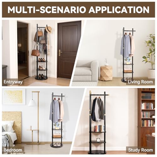 Wood Coat Rack Freestanding Rotary Coat tree with 3 Shelves and 5 Hooks | 4 Swivel Wheels Heavy Duty Clothing Rack Coat Hanger Stand for Corner Entryways Living Rooms and Bedrooms, Black