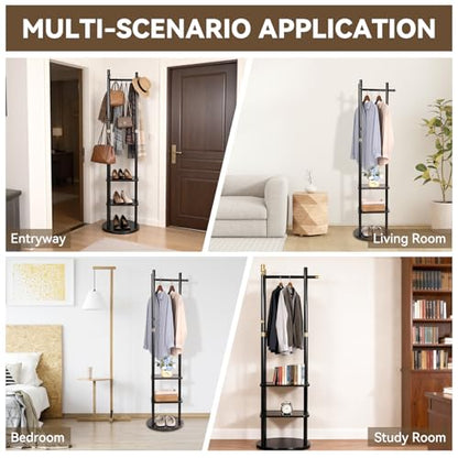 Wood Coat Rack Freestanding Rotary Coat tree with 3 Shelves and 5 Hooks | 4 Swivel Wheels Heavy Duty Clothing Rack Coat Hanger Stand for Corner Entryways Living Rooms and Bedrooms, Black