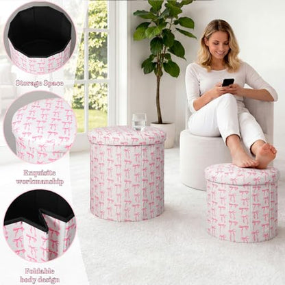 Geetery 2 Pcs Dorm Ottoman with Storage Set Pink Bow Ottoman | Vanity Stool with Storage for Bedroom Coffee Table Small Coquette Foot Stool for Girls Living Room College Dorm Essentials - style: Pink Bow Pattern
