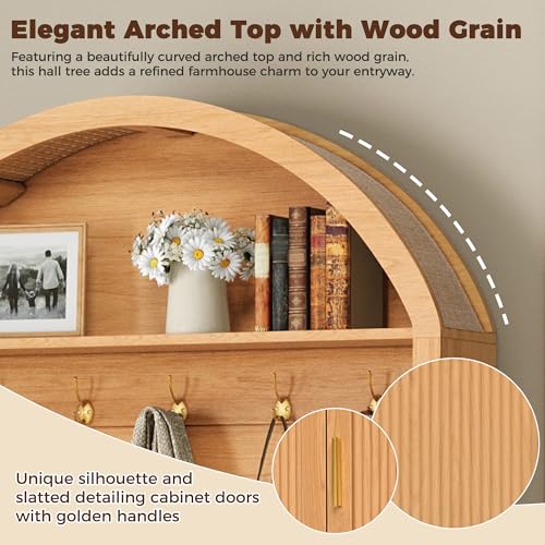 Farmhouse Fabric Arched Top Hall Tree with Wood Grain Finish, All-in-One Mudroom Furniture with Adjustable Shelves, Open Shelf, 5 Metal Hooks, Fluted Door Entryway Bench for Hallway (Natural-42) - color: Natural-42