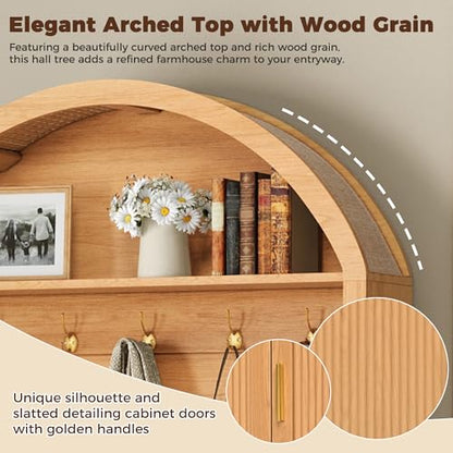 Farmhouse Fabric Arched Top Hall Tree with Wood Grain Finish, All-in-One Mudroom Furniture with Adjustable Shelves, Open Shelf, 5 Metal Hooks, Fluted Door Entryway Bench for Hallway (Natural-42) - color: Natural-42