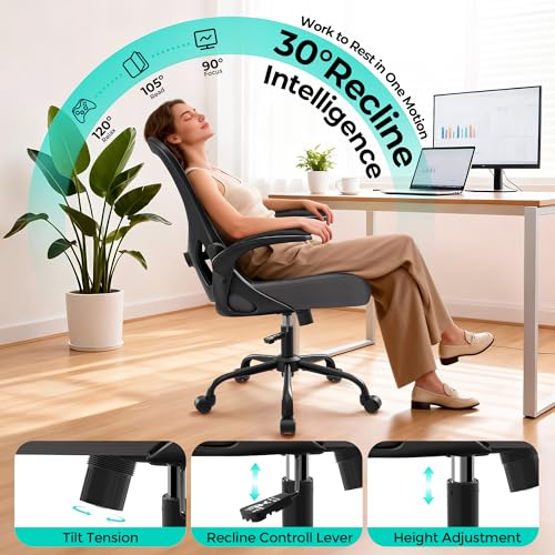 Office Chair - Ergonomic Breathable Mesh Desk Chair with Adjustable Lumbar Support and Flip-up Armrests - Executive High Back Rolling Swivel Comfortable Computer Gaming Chair for Home Office - color: Dark Gray