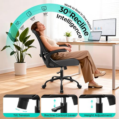 Office Chair - Ergonomic Breathable Mesh Desk Chair with Adjustable Lumbar Support and Flip-up Armrests - Executive High Back Rolling Swivel Comfortable Computer Gaming Chair for Home Office - color: Dark Gray