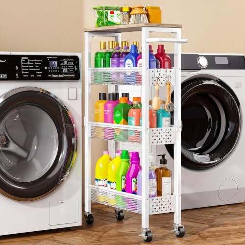 Utility Slim Rolling Storage Cart, 4-Tier Narrow Metal Organizer with Wood Top, 7.1" Width Utility Cart for Kitchen, Bathroom, Laundry Room, Small Spaces, White - color: White-7.1 Inch Wide