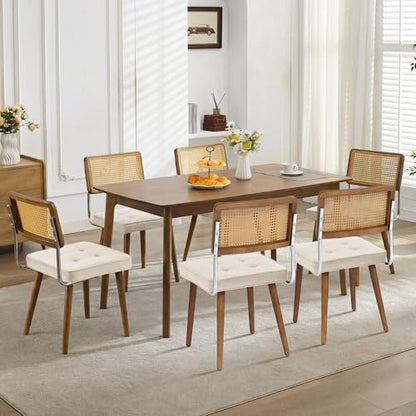 GarveeHome Natural Rattan Dining Chairs Set of 6, Linen Upholstered Kitchen Chairs with Tall Cane Backrest and Strong Wood Legs for Dining Room, Kitchen, Restaurant, Beige - color: Beige, size: 6 PCS