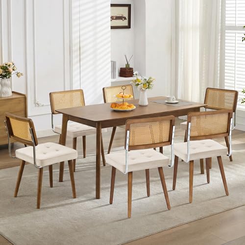 GarveeHome Natural Rattan Dining Chairs Set of 6, Linen Upholstered Kitchen Chairs with Tall Cane Backrest and Strong Wood Legs for Dining Room, Kitchen, Restaurant, Beige - color: Beige, size: 6 PCS