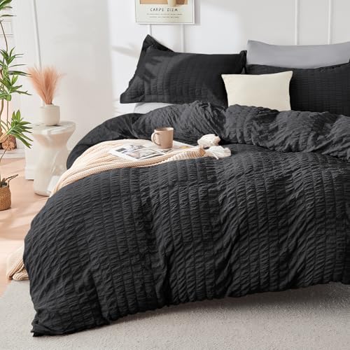 HYMOKEGE Black/Light Grey Twin Size Duvet Cover, Ultra Soft 2-Piece Seersucker Duvet Cover Set with Zipper Closure, Soft Brushed Microfiber Bedding Set with 8 Corner Ties (68"x90", 1 Pillowshams) - color: Black/Light Grey (No Comforter), size: Twin(68"×90