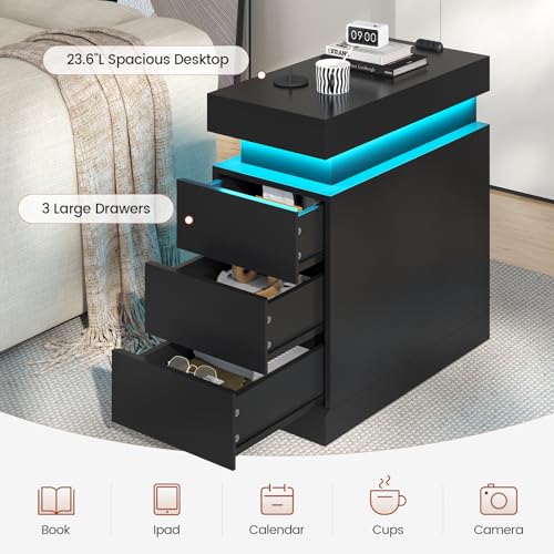 Narrow Nightstand Charging Station, End Table with Sliding Top, 3 Drawers Bedside Tables for Living Room Bedroom, Night Stand for Small Space (Black)