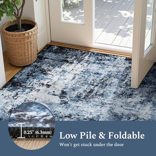 Rugflix 2x3 Entrance Rugs, Washable Navy Blue Dark Entry Small Rug | Stain-Resistant; Low Pile; Non-Slip; Modern Abstract; Black Small Carpet for Entryway Kitchen Bathroom Bedroom - color: 01-ocean Blue, size: 2' x 3' (Rectangular)