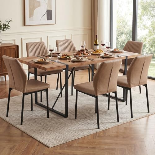 Dining Chairs Set of 6, Beige PU Leather Dining Chairs, Comfortable Upholstered Armless Kitchen Chairs with Black Metal Legs for Living Room, Dining Room, Kitchen - color: Beige, size: 6 Chairs