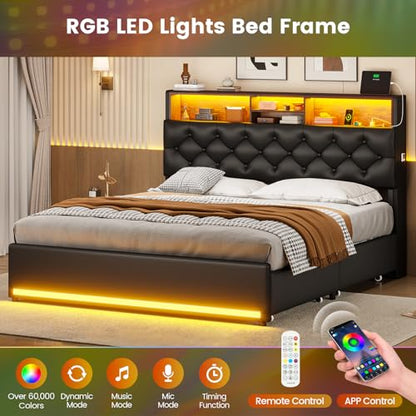 Full Size Bed Frame with Headboard Storage,4 Drawers,Lights,Black PU | LED Bed Frame Full Size with Charging Station, Lights, 5 Shelves, Upholstered Bed with Metal Slats, No Box Spring Needed - color: Black-pu Leather, size: Full