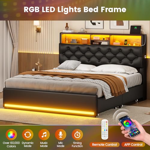 Queen Bed Frame with 4 Drawers & Storage Headboard, Lights, Black PU | LED Bed Frame Queen Size with Charging Station, 5 Shelves, Upholstered Bed with Metal Slats, No Box Spring Needed - color: Black-pu Leather, size: Queen