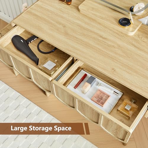 Vanity Desk with Mirror and Lights, Modern Wood Wave Panel Vanity Desk Set Makeup Table with Drawers and Cabinet, Dressing Table with Storage for Bedroom, Natural - style: Natural