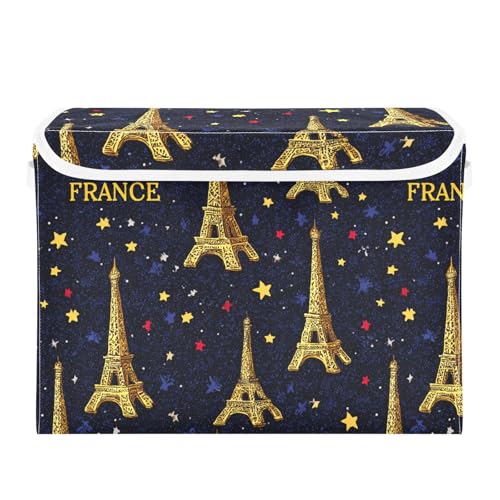France Eiffel Tower Stars Collapsible Storage Bins with Lids Decorative Fabric Cubes Closet Organizer Basket Boxes Containers for Clothes Box Chest Folding Rectangle - color: France Eiffel Tower Stars