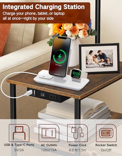 76'' Tall Arc Floor Lamp with Table & Remote, Side End Table with Charging Station, Dimmable Nightstand with 3 Color Temperatures, 1-Hour Timer, 9W LED Bulb for Living Room, Bedroom - color: Rustic Brown With Beige Shade