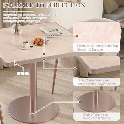 31.5'' Tulip Table, Square Dining Table with Glossy Sintered Stone Tabletop | Rose Gold Aluminum Alloy Edge & Pedestal, Small Bistro Table for Dining Room/Café/Small Spaces/Restaurant (Blush Onyx) - color: Blush Onyx (Rose Gold), size: Square