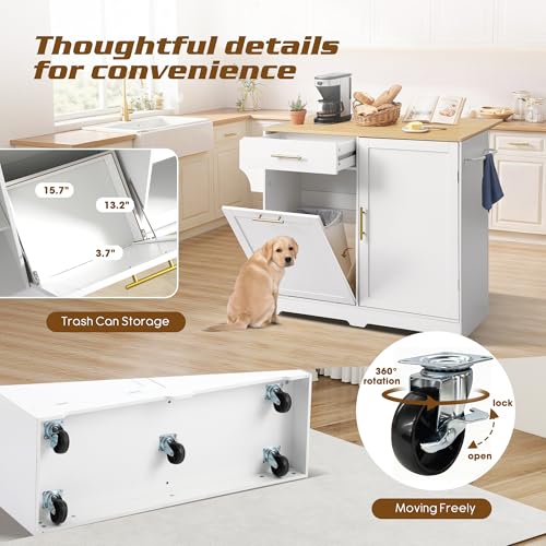 48" Kitchen Island with Trash Can Storage & Drop Leaf on Wheels | Rolling Kitchen Island Table Cart Cabinet with Drawer, Mobile Kitchen Cabinet on Wheels w/Spice Rack, Towel Bar, Hooks - color: White, size: 48"