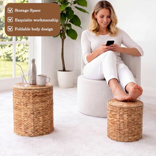 Novabright 2 Pcs Round Storage Ottoman with Lid 15.7" and 13" Natural Handwoven Water Hyacinth Footstool for Living Room Bedroom Entryway Bathroom Home Office