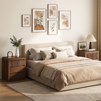 LYNSOM Fluted Nightstand Set of 2, Wood End Table with 3 Drawer, Walnut | Mid Century Modern Night Stand with Stoarge, Bedside Table with Curved Profile Design for Living Room, Office, 20" W - color: Walnut, size: 3 Drawers
