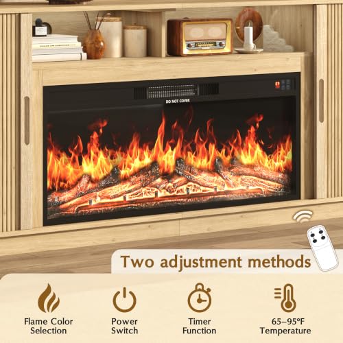 85.6" Fireplace TV Stand for TV Up to 90",Entertainment Center with 40" Electric Fireplace,Simulates 12 Flame Colors,Countertop with Power Outlet, Large Capacity, for Living Room,Natural Oak - color: Oak