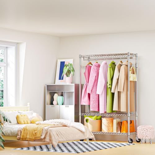 M MZG Heavy Duty Rolling Garment Rack 3 Tiers Adjustable Wire Shelving Clothes Rack with 1 Rods and Side Hooks,Storage Closet Clothing Rack with Wheels Chrome 15.7" D x 45.3" W x 75.6" H - color: Chrome, size: 3 Tier and 1 Rod 15.7"D x 45.3"W x 75.6"H