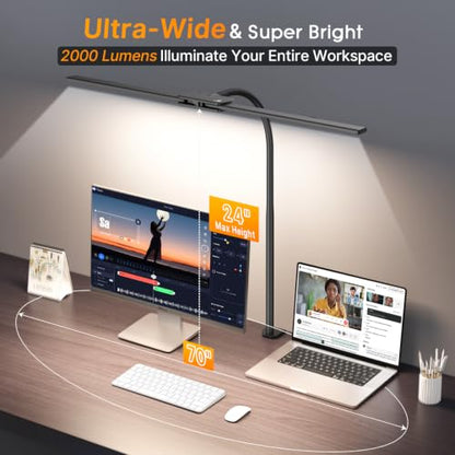 Syrinx LED Desk Lamp for Home Office, 18W 2000LM Dual Head Architect Lamp | Wide-Area Eye-Caring Lighting, Adjustable Gooseneck, Gesture & Wired Control, Memory & Timer, 50 Modes for Study & Crafting - color: Black
