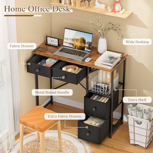 3IngSeagulls Small Computer Desk with 4 Fabric Drawers, Simple Writing Desk for Home Office, Compact Study Desks for Small Spaces, Kids Desk Study for Bedroom, Rustic Brown - color: Rustic Brown