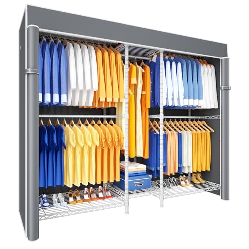 E12C Pro Heavy Duty Closet Organizer System，Freestanding Clothing Racks for Hanging Clothes，Adjustable Garment Rack 71"W x 16"D x 76.5"H Hold 960lbs，White Clothing Rack with Grey Dustproof Cover - color: White Rack With Grey Cover, size: E12C Pro