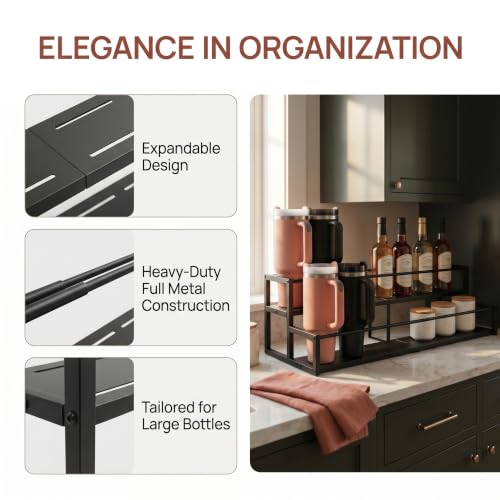 Expandable Coffee Syrup Organizer, 2-Tier Carbon Steel Stanley Cup Holder,Adjustable Water Bottle Organizer, Large Capacity Spice Racks & Wine Display Stand for Coffee Bar Kitchen Cabinet, Black