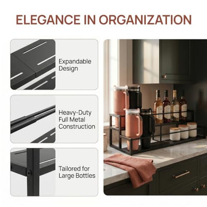 Expandable Coffee Syrup Organizer, 2-Tier Carbon Steel Stanley Cup Holder,Adjustable Water Bottle Organizer, Large Capacity Spice Racks & Wine Display Stand for Coffee Bar Kitchen Cabinet, Black