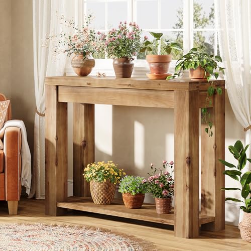 LITTLE TREE Solid Wood Console Table, Farmhouse 2-Tier Entryway Table, 43.3-Inch Narrow Sofa Table Behind The Couch for Living Room, Hallway, Foyer, Entrance