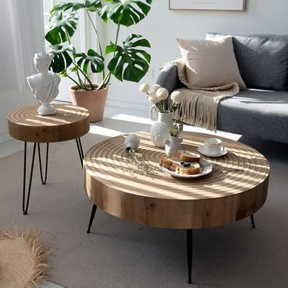 COZAYH 2-Piece Round Nesting Coffee Table Set, Natural Wood Top with Black Metal Legs, Ring Pattern – Rustic Farmhouse Accent for Living Room or Bedroom – Space-Saving Modern Furniture - color: Ring Pattern