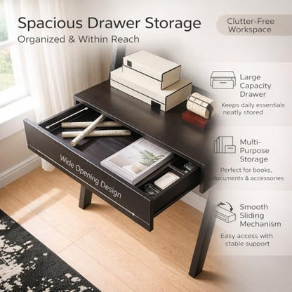 Home Office Desk with Ladder Shelf & Drawer, Computer Writing Desk with Storage Shelves, Modern Small Desk for Bedroom Study