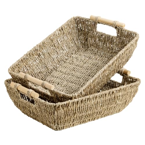StorageWorks Hand-Woven Jumbo Storage Baskets with Wooden Handles, Seagrass Wicker Baskets for Organizing, 2-Pack | Wicker Storage Baskets for Shelves, Baskets with Wooden Handles, 2-Pack Gifts Basket for Home Decor, Hand-Woven Basket - color: Natural(Sea
