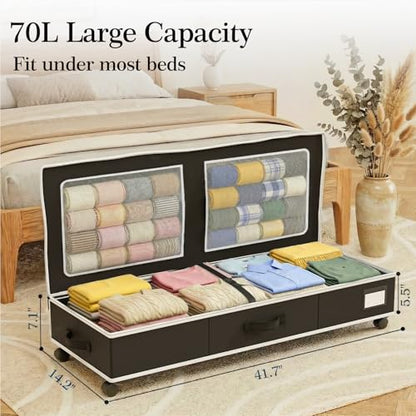 GoMaihe Under Bed Storage with Wheels: 70L Rolling Bins for Wrapping Paper Storage, Toys, Clothes - Includes Mesh Bag & Adjustable Dividers, Metal Frame Easy Pull-out Black 1-Pack - color: Black