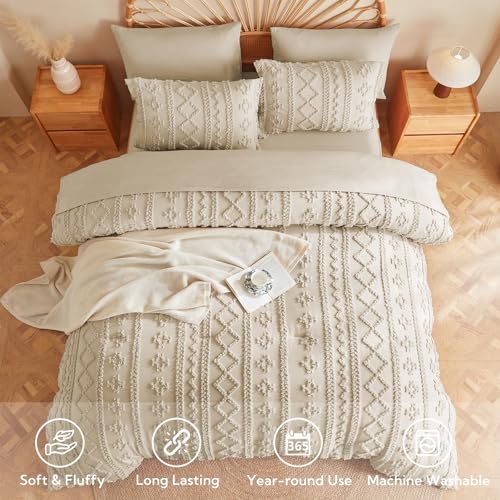 MR&HM 7 Pieces Comforter Set Full, Tufted Boho Farmhouse Bed Set Linen | Shabby Chic Bohemian Bedding Set, All-Season Soft Microfiber Bed in a Bag Comforter with Sheets, Pillow Shams & Pillowcases - color: 3- Linen, size: Full