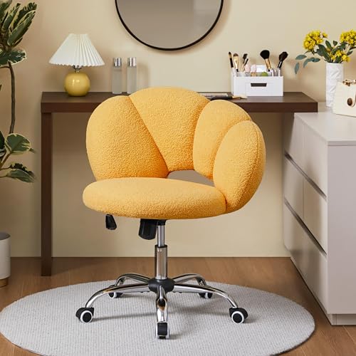 Yaheetech Yellow Petal Boucle Makeup Vanity Desk Chair with Wheels, Swivel | Soft foam-padded boucle fabric fits vanity, bedroom, office or sewing desks; adjustable height, swivel wheels, fast assembly. - color: Yellow