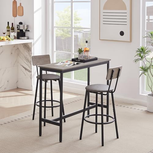 43.31" Bar Table Set for 2, Counter Height Dining Table with PU Upholstered Bar Stools and Backrests, Space-Saving Small Kitchen Table for Breakfast Nook,Grey - color: Grey, style: Rectangular w/ Upholstered Stool