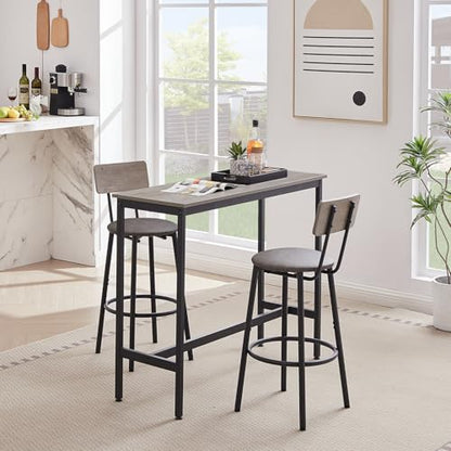 43.31" Bar Table Set for 2, Counter Height Dining Table with PU Upholstered Bar Stools and Backrests, Space-Saving Small Kitchen Table for Breakfast Nook,Grey - color: Grey, style: Rectangular w/ Upholstered Stool