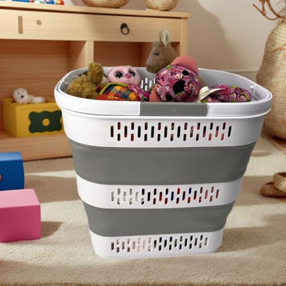 SAMMART 38L(10 Gal) Collapsible Laundry Basket - Foldable Pop-Up Storage Container/Organizer-Portable Space Saving Hamper, Measure 17.5x13.3x15.7"/3.8" Expanded/Collapsed (2, White/Grey) - color: White/Grey