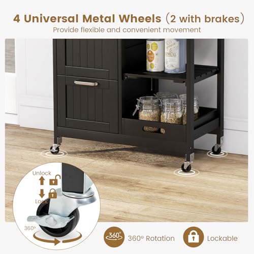 COSTWAY Kitchen Storage Island Cart on Wheels, Kitchen Rolling Trolley Cart with 3 Drawers and Shelves, 360° Wheels & Detachable Tray, Utility Cart for Dining Room, Living Room & Bedroom (Black) - color: Black