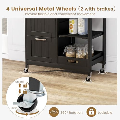COSTWAY Kitchen Storage Island Cart on Wheels, Kitchen Rolling Trolley Cart with 3 Drawers and Shelves, 360° Wheels & Detachable Tray, Utility Cart for Dining Room, Living Room & Bedroom (Black) - color: Black