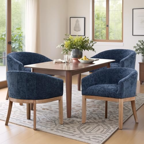 Modern Upholstered Barrel Dining Chair Set of 4, Natural Hardwood Frame, Farmhouse Linen Chairs for Dining Room, Kitchen(Blue) - color: Blue, size: Set of 4
