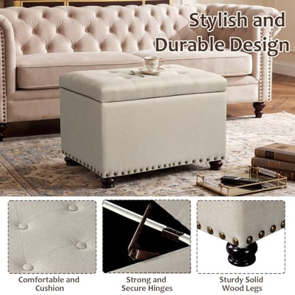 Ottoman with Storage,24" Fabric Ottoman Foot Rest with Hinged Lid Small Rectangle Upholstered Button Tufted Foot Stools Ottomans for Bedroom Living Room Entryway,Beige - color: Beige,bronze Rivets