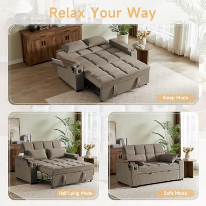 65" 3-in-1 Sofa Bed, Pull Out Sleeper Sofa with 360° Swivel Side Table, Storage Armrests, Cup Holders & USB Charging Ports, Chenille Convertible Couch for Living Room - color: 1007-khaki-